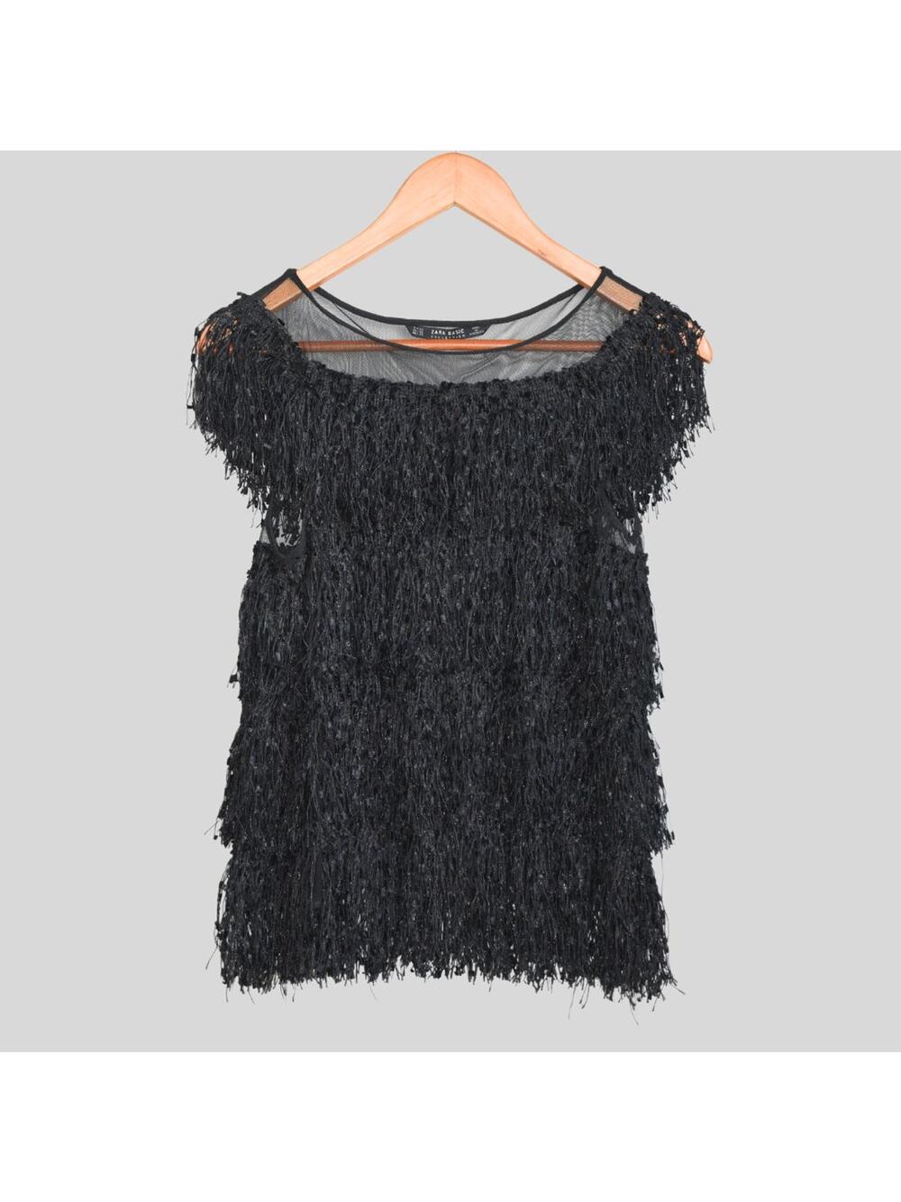 ZARA Basics Women's Tiered Fringe Mesh Top Black Size XS